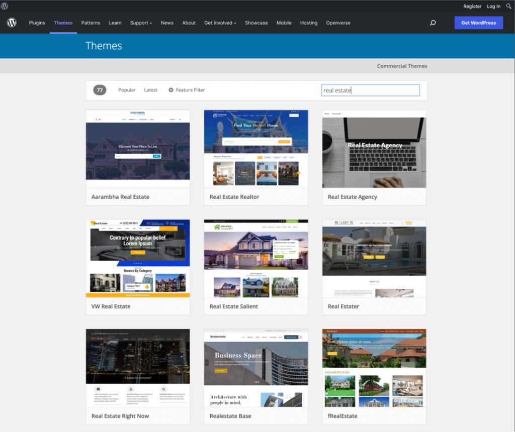 WordPress.org Theme Search for Real Estate